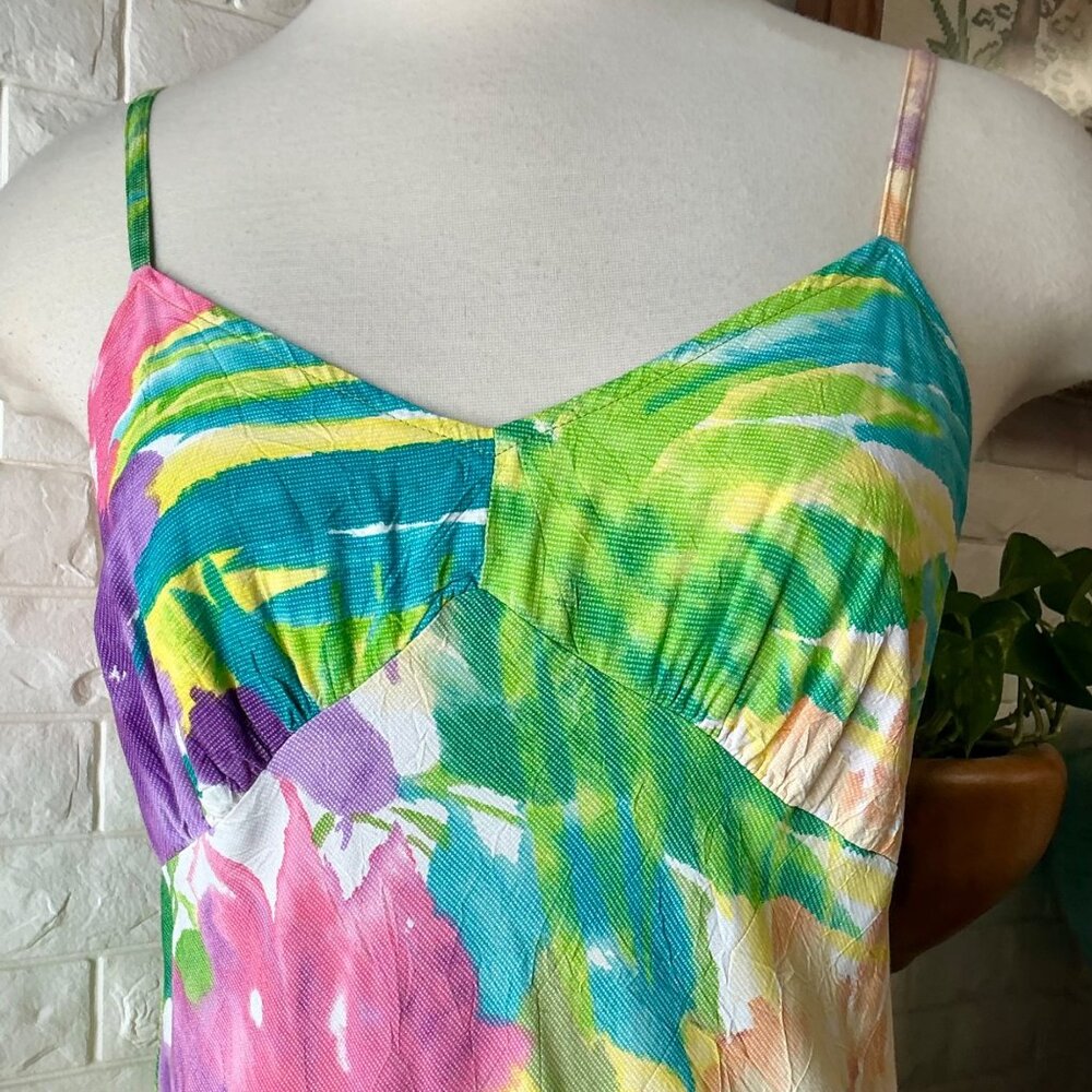 Vintage Jams World Tropical Orchid Floral Midi Sun Dress + Ribbon Hem Detail - Picture 3 of 12